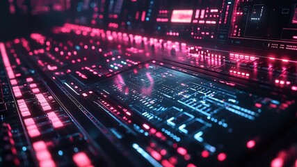 Futuristic digital circuit board with neon lights and data flow. - Powered by Adobe