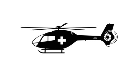 Medical helicopter silhouette on white background for emergency transport.