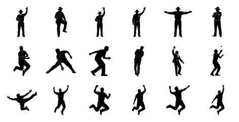 Silhouettes of men in various sports poses action jumping