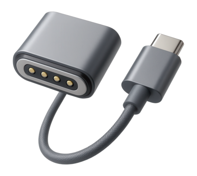 Magnetic power adapter for fast device connections on kitchen countertops.