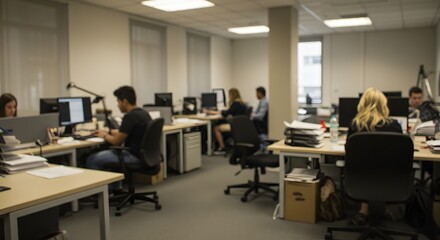 Blurry shot of an office workspace with people seated at desks, working on computers