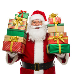 Santa Holding Piles of Wrapped Gifts &ndash; Festive, Joyful Symbol of Holiday Generosity and Cheer

