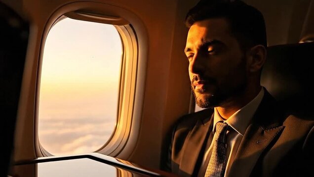 A man in suit gazes thoughtfully out of a plane window at a beautiful sunset