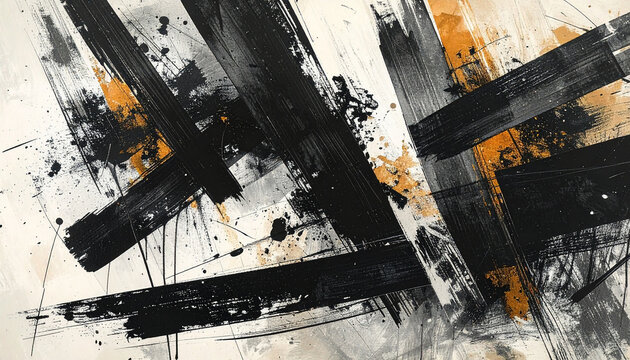 Bold black brush strokes with gold accents and splatters abstract grunge