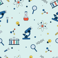 Seamless science background with microscopes DNA strands molecules and lab tools on light surface, perfect for education, research, chemistry, biology and technology projects.