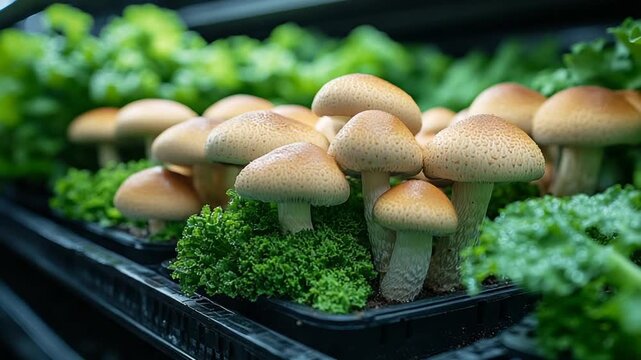 Fresh Mushrooms and Greenery - A Culinary Delight.