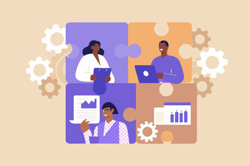 Diverse team collaborating on business strategy using puzzle pieces and gears symbolizing teamwork and efficiency