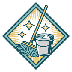 A cleaning mop and bucket with sparkles inside a diamond shape.