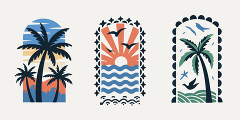 Three minimalist abstract tropical beach scenes with palm trees ocean waves and birds in arched frames