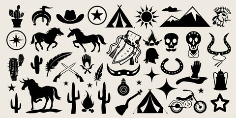 Collection of western and native american inspired silhouette icons and symbols
