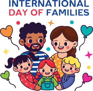 Vector illustration of mother, father, daughters and son at home. Diverse family celebrating International Day of Families.