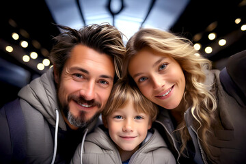 Family enjoys a cheerful moment together indoors while smiling warmly at the camera in a cozy setting