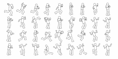 Collection of hand drawn stick figure people in various dynamic poses and actions against a white background