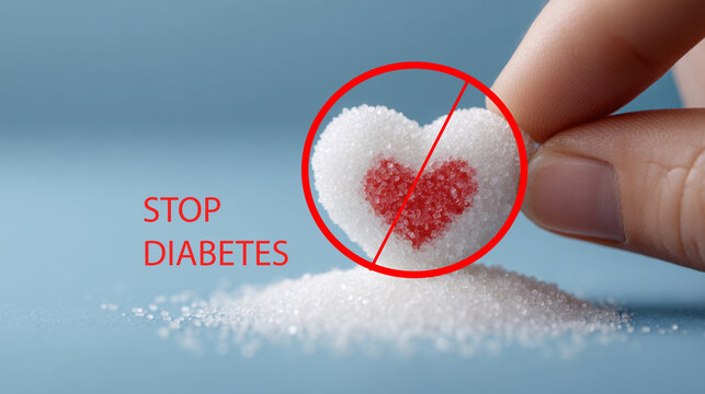 Stop Diabetes Message with Sugar Heart & Prohibition Symbol – Visual Warning Against Excess Sugar & Health Risks - Powered by Adobe