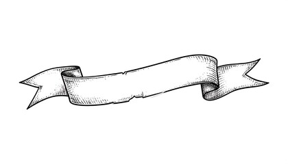 A stylized, monochrome drawing of a fluttering ribbon banner. The banner is blank, perfect for text, and rendered with shading for depth