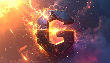 A stylized letter "G" is featured in a fiery and dynamic composition. The letter has a textured, metallic appearance set against a backdrop of flames