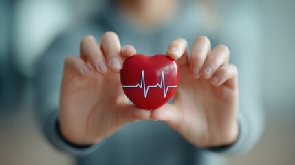 "Hands Presenting Red Heart with ECG Line – Symbol of Cardiovascular Wellness, Medical Care & Heart Health Awareness"