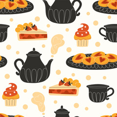 Seamless pattern with tea set and sweet pastries such as pie, cupcakes and jam biscuits