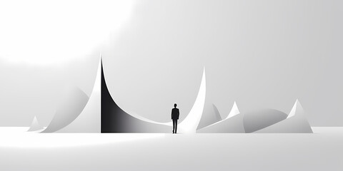 A lonely silhouette of a man standing among abstract white curved peaks in a vast, bright, and minimalist gray landscape