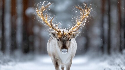 A beautiful reindeer walks gracefully in a snow-covered forest, its antlers glowing with a shimmering light. The tranquil winter landscape enhances the enchanting atmosphere of the season
