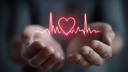 Open Hands with Glowing Heart & ECG Waveform – Symbol of Cardiovascular Care, Medical Protection & Wellness Awareness"