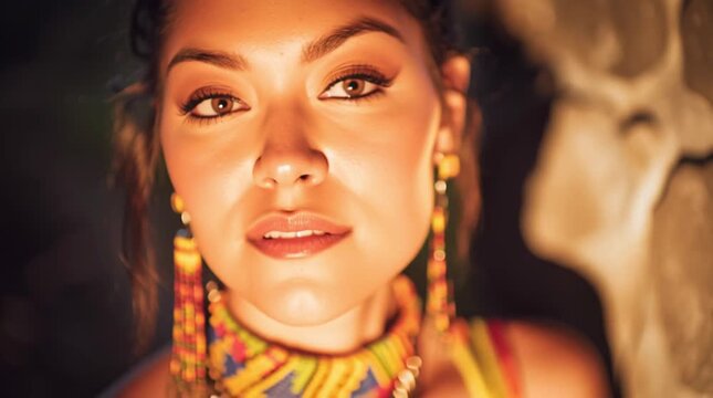 Native American woman looking into mirror reflecting traditional patterns