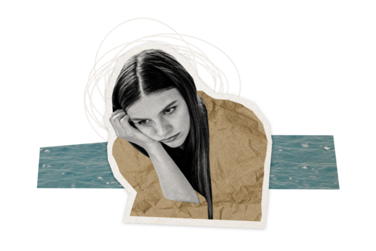 Composite photo collage of depressed sad woman sit alone psychotherapy rehabilitation mental disorder isolated on painted background