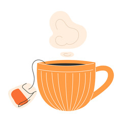 Cute orange autumn mug with geometric pattern and hot tea with teabag and steam