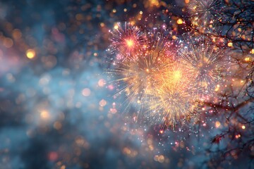 Fototapeta premium Bright fireworks illuminate the night sky during a festive celebration in an urban environment. Colorful sparks burst and create a vibrant atmosphere, captivating onlookers