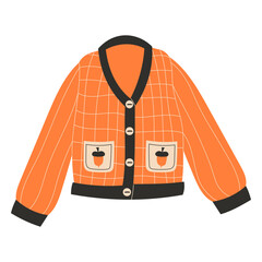 Autumn orange knitted cardigan with checkered pattern and acorns on pockets