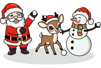 Santa, Reindeer, and Snowman Playing with Snowballs