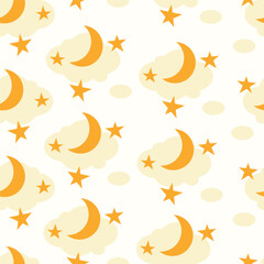 Seamless pattern with crescent moon, clouds and stars on white background for kids room