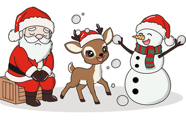 Tired Santa Sitting with Reindeer and Happy Snowman