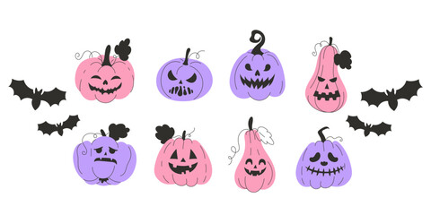 Trendy set of pink and purple jack-o’-lantern pumpkins with bats for Halloween decor