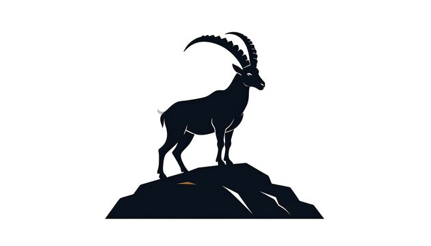 A stylized silhouette of a mountain goat with impressive curved horns, perched atop a rocky outcrop against a clean white background