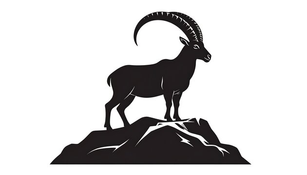 A stylized silhouette of a mountain goat standing majestically atop a rocky formation against a stark white background