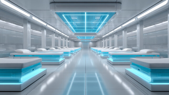 A futuristic medical facility with a long corridor lined with identical patient beds on either side.