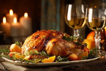 Delicious Roasted Turkey with Candles and Wine for Thanksgiving Dinner