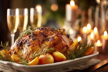 Delicious Roasted Turkey with Candles and Wine for Thanksgiving Dinner