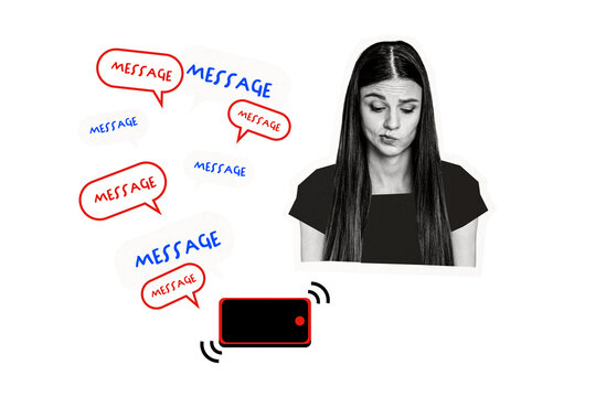 Composite photo collage of sad tired girl pouted lips phone ring pile message notification text box bubble isolated on painted background