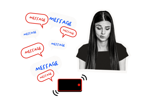 Composite photo collage of sad tired girl pouted lips phone ring pile message notification text box bubble isolated on painted background