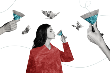 Creative collage pretty woman enjoy weekend friday evening drink glass martini cocktail beverage alcoholic drunk bar relaxation