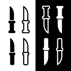 Knife icon set. An attribute of the kitchen, a chef, or a butcher. A bladed weapon, military combat ammunition. A hunter's or killer's tool. Raster icons.