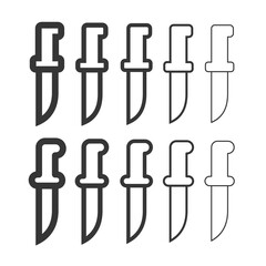 Knife icon set. An attribute of the kitchen, a chef, or a butcher. A bladed weapon, military combat ammunition. A hunter's or killer's tool. Raster icons.