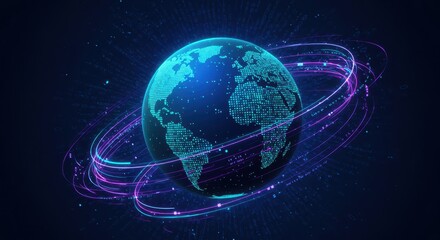 Fototapeta premium Glowing digital earth orbits with colorful light trails on dark background.