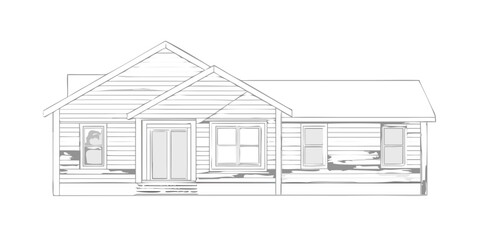 Simple line drawing of a traditional one story house with a gable roof and porch