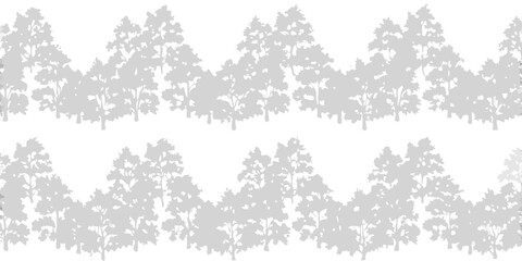 Seamless pattern of stylized grey trees forming a forest silhouette on a white background