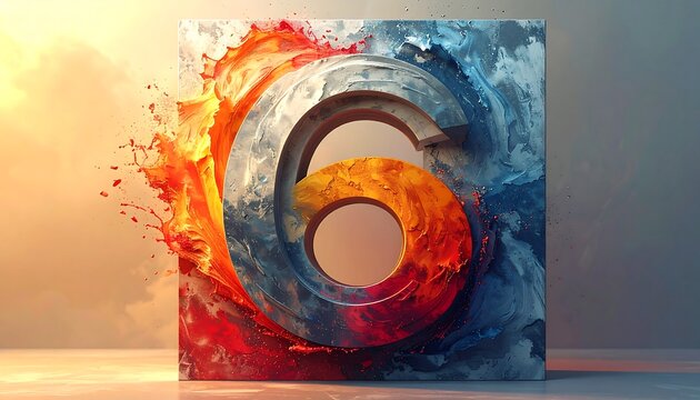 A stylized numeral "6" floats against a backdrop, bisected by fluid dynamics. One side bursts with fiery hues, the other with icy blues