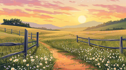 Picturesque vista of rolling hills under a golden sunset, with a charming path