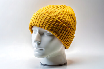 Side view of a white mannequin head wearing a yellow  ribbed knit beanie mockup isolated on gray background 